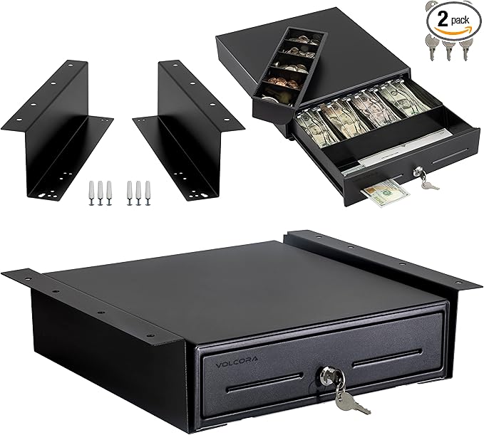Volcora 13" Electronic Cash Register Drawer with Under Counter Mounting Metal Bracket - POS, 4 Bill 5 Coin Cash Tray, Removable Coin Compartment, 12-24V RJ11/RJ12 Key-Lock, Media Slot, Black