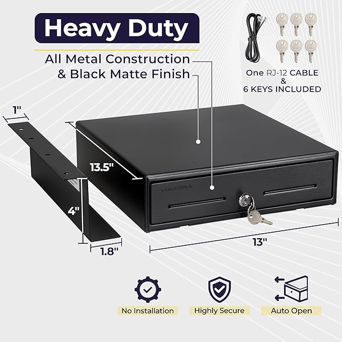 Volcora 13" Electronic Cash Register Drawer with Under Counter Mounting Metal Bracket - POS, 4 Bill 5 Coin Cash Tray, Removable Coin Compartment, 12-24V RJ11/RJ12 Key-Lock, Media Slot, Black