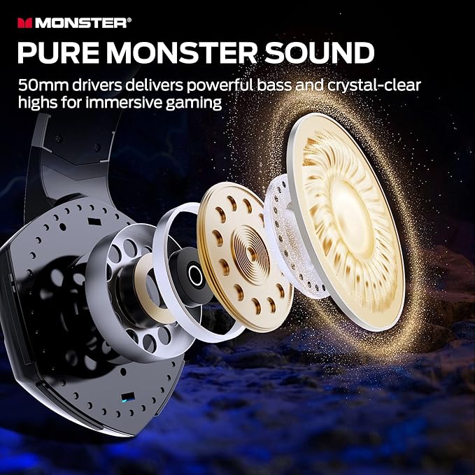 Monster Mission 300 Wireless Gaming Headset, 2.4GHz/Bluetooth Headphones,Low Latency, Stereo, Audio Location Recognition, 48H Battery Life, Suitable for PS5, PC, PS4 and Other Gaming Devices