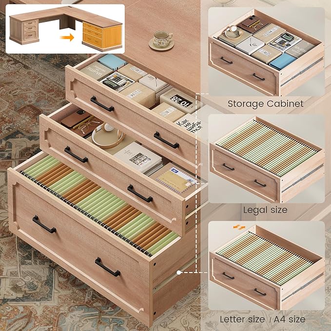 SEDETA Farmhouse 78.7" Executive L Shaped Desk with 6 Drawers, Home Office Desk with Power Outlet, File Cabinet Storage, Wood Corner Computer Desk for Work and Study, Oak