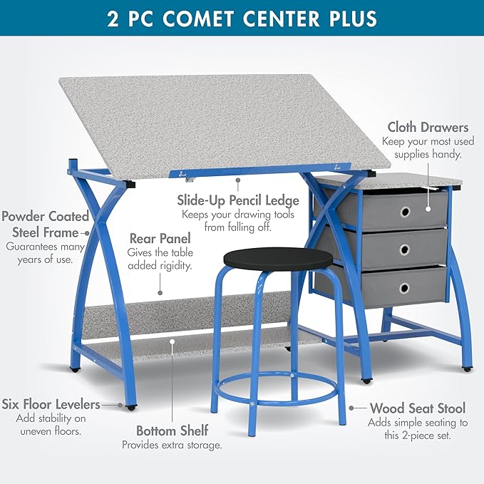 SD Studio Designs Comet Center Plus, Craft Table and Matching Stool Set with Storage and Adjustable Top, Blue/Spatter Gray, 50x23.75x29.5 inches, 2 Piece