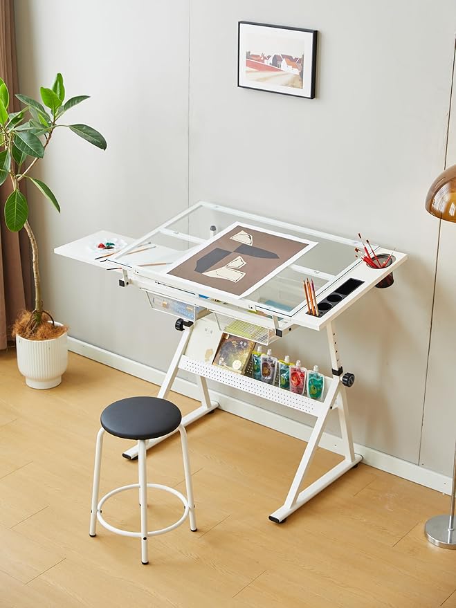 CuisinSmart Drafting Table w/Stool Height Adjustable Multifunctional Art Craft Diamond Paintings Work Station w/2 Storage Drawers Artists Desk Tilting Glass Tabletop for Home Office White