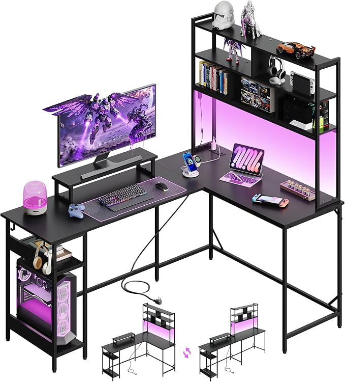 DEVAISE L Shaped Gaming Desk with Hutch, Reversible Computer Desk with LED Light, 3-Tier Shelves, 2 AC+2 USB Outlet and Monitor Stand, Corner Desk with Storage for Home Office (Black, 66 Inch)