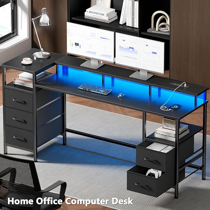 Korfile 61 Inch Computer Gaming Desk with Power Outlets & LED Lights Reversible Home Office Desk with Adjustable 5 Fabric Storage Drawers for Working Writing Study, Black
