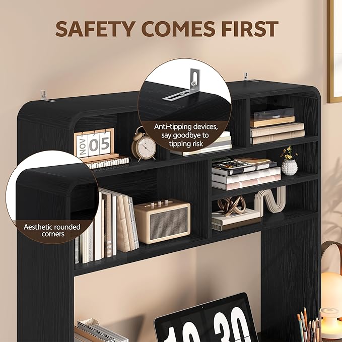 5-Tier Desk Shelf, 37.4''W Desktop Bookshelf for Computer Monitor, Desktop Organizer Shelf Storage Rack with 6 Cubbies, 5-Level Desk Hutch Display Rack for Home, Office, Dorm, Vanity, Black