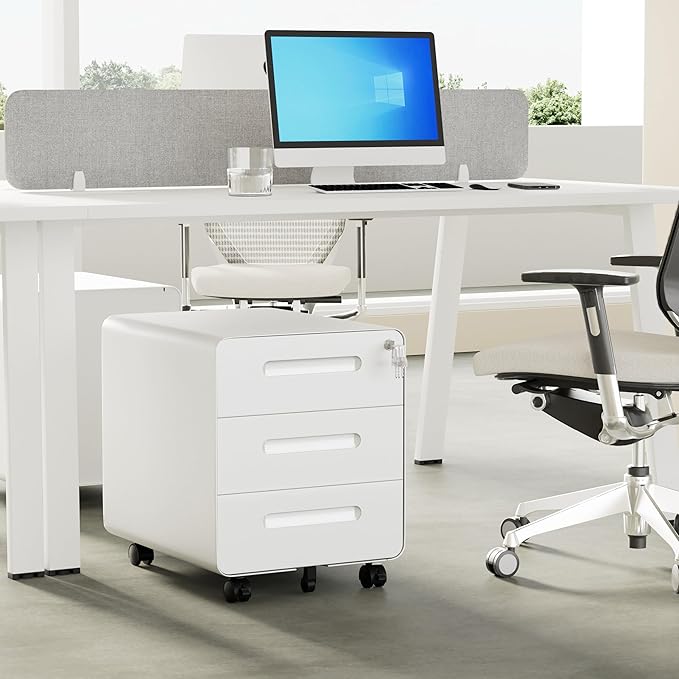 3 Drawer Under Desk Printer Stand with Lock, Mobile Rolling Printer Table for Home Office, Fully Pre-Assembled (Wheels Only to Attach), 4 Keys Included, White