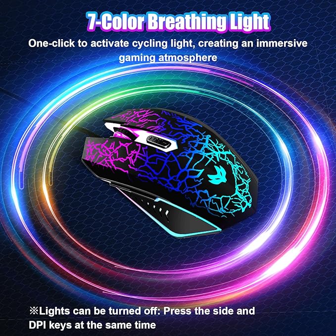 Wired Gaming Mouse, 4-Color LED Light Computer Mouse, Ergonomic Mouse with 6 Silent Click Buttons, 3 Adjustable 2400 DPI USB Wired Mouse for Laptop, PC, Mac, Black