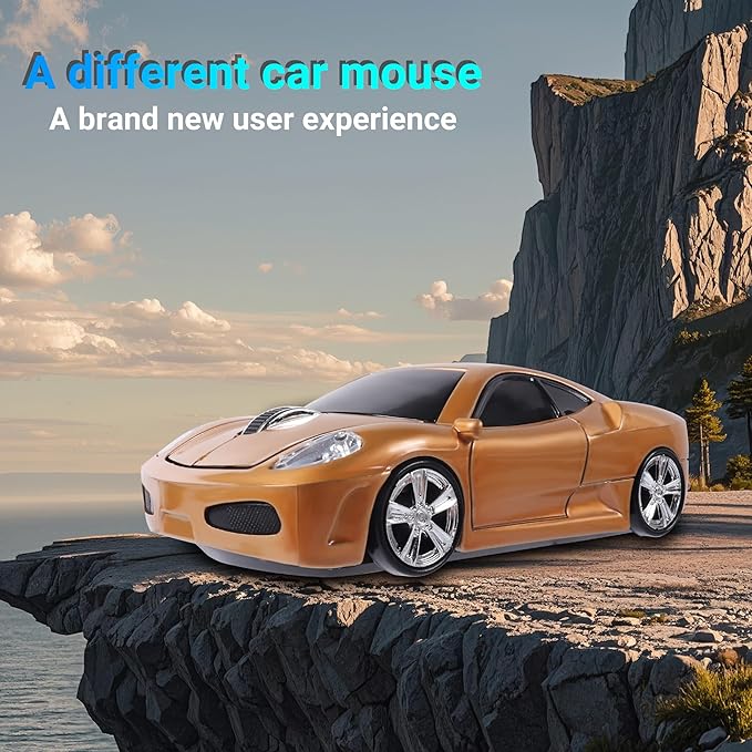 elec Space Wireless Mouse 2.4GHz Cool Sport Car Shape Wireless Mouse Optical Cordless Mice with USB Receiver for PC Laptop Computer 1600 DPI 3 Buttons Gold