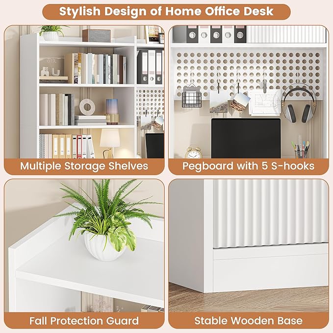 kepptory 63" Tall Computer Desk with Hutch, Fluted Wood Computer Desk, Featuring Charging Station, Drawer and Storage Cabinet, for Home Office Work and Study (White)