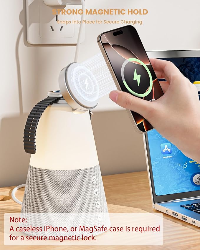 Bluetooth Speaker with Light, 4 in 1 15W Portable Speaker Magnetic Wireless Charger, Portable Bluetooth Speakers with Phone Stand, Men Gifts Dimmable Night Light Speakers, Birthday Gifts for Women