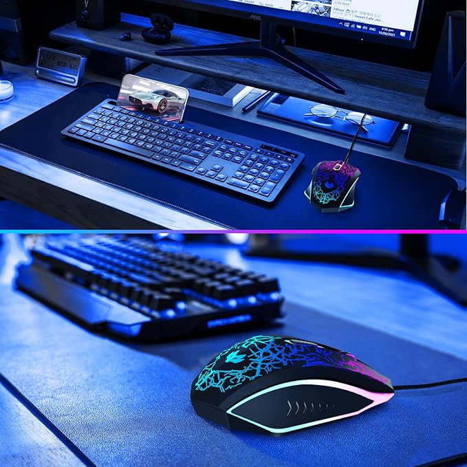Wired Gaming Mouse, 4-Color LED Light Computer Mouse, Ergonomic Mouse with 6 Silent Click Buttons, 3 Adjustable 2400 DPI USB Wired Mouse for Laptop, PC, Mac, Black