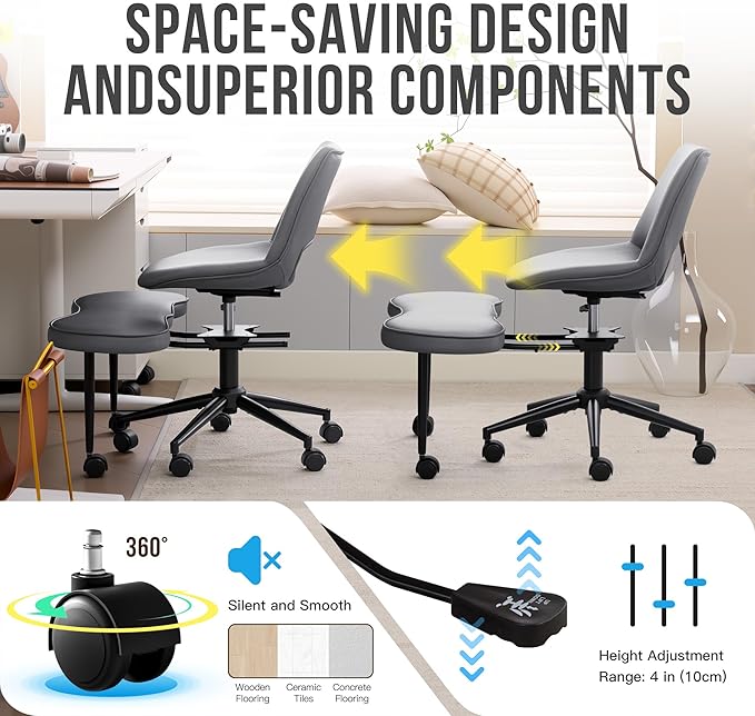 Ergonomic Cross Legged Office Chair with Wheels, 360° Swivel ADHD Chairs for Adults, Height Adjustable Seat for Meditation, Yoga - Wide Criss Cross Chair with Lumbar Support, Kneeling Chair, Grey