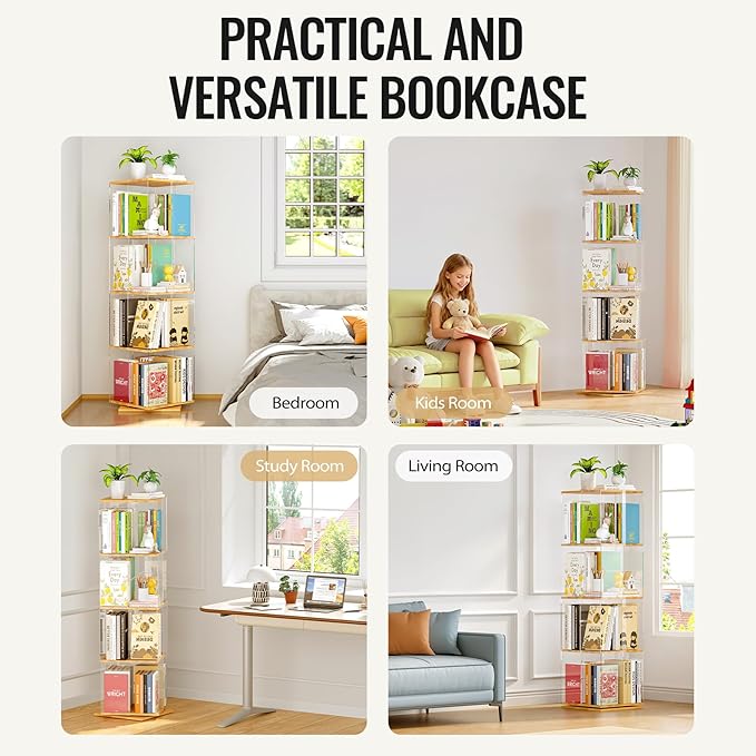 TAKEKIT Rotating Bookshelf, 360 Degree Revolving Bookcase, 4-Tier Spinning Bookshelf, Clear Acrylic & Solid Wood Rotating Bookcase for Kid’s Playroom, Bedroom and Living Room, Square