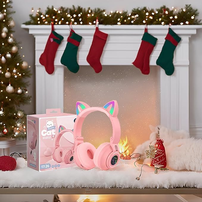 Cat Ear Bluetooth Headphones for Kids & Adults, Wireless Foldable & Wired Multi-Function LED Light Up Over Ear Headphones with Mic and Volume Control for iPhone/iPad/Laptop/PC (Pink 2)