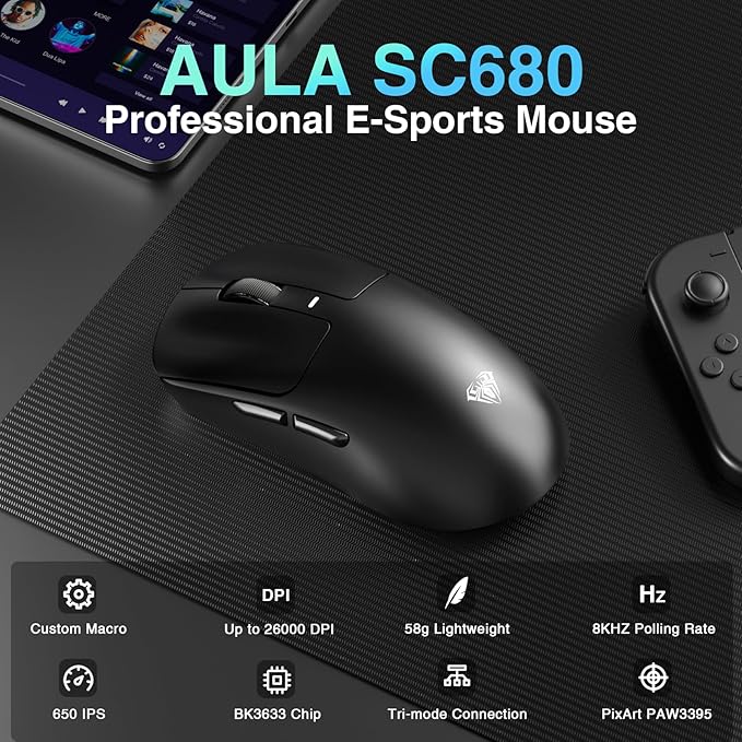 AULA SC680 Wireless Gaming Mouse, Tri-Mode 2.4Ghz/USB-C/BT5.2, Ultra-Lightweight Mouse, PAW3395 Sensor, 8K Polling Rate, 26000 DPI, 75Hrs Battery Life, Rechargeable Gaming Mice for PC/Laptop/Mac/PS5