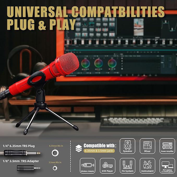 Dynamic Microphone - Professional Vocal Microphone for Singing - Premium Handheld Wired Mic with 16ft XLR to 1/4" Audio Cable - Microfono for Speaker, Mixer, Amplifier & Karaoke Machine