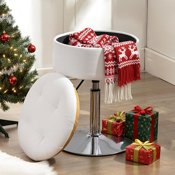 LUE BONA 360°Swivel Vanity Stool Chair for Makeup Room, Height Adjustable Stool for Vanity with Storage, Small White Faux Leather for Bathroom, Living Room