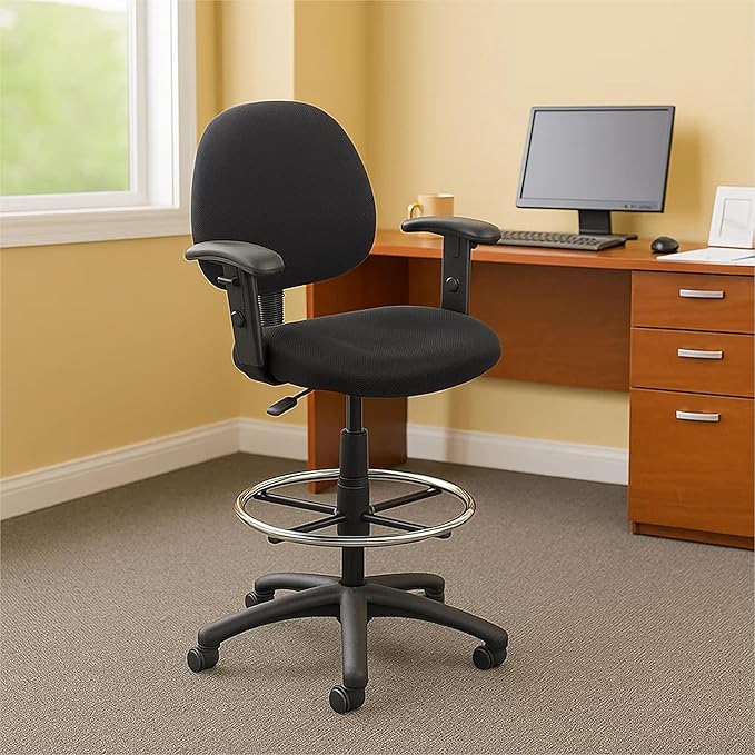 Benzara Jea Drafting Stool Chair, Adjustable Arms, Black Tweed, Round Footring
