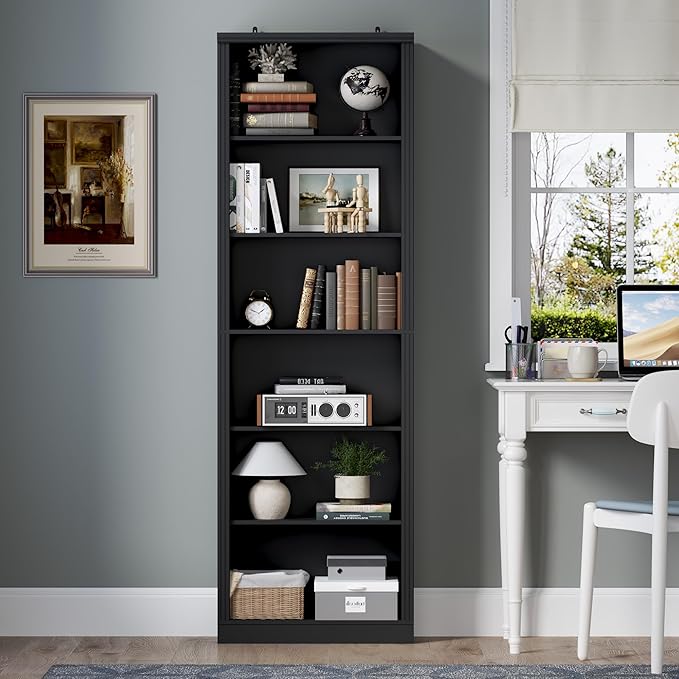 BORNOON 75" Tall Bookshelf, 6-Tier Floor Standing Bookcase with 2 Adjustable Shelves, 24" Wide Open Storage Shelf, Modern Display Organizer for Home Office, Living Room, Bedroom, Study