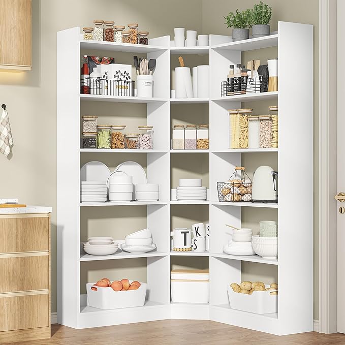 Semoic 6 Tiers Corner Bookshelf and Bookcase with Baffle, 63.1" Tall Modern L-Shaped Storage Display Book Shelf Industrial Bookshelves for Bedroom, Living Room, Kitchen, Home Office, White