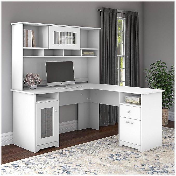 Bush Home Cabot 60W L Shaped Computer Desk with Hutch and Storage in White, 60-inch Corner PC Workstation for Home Office