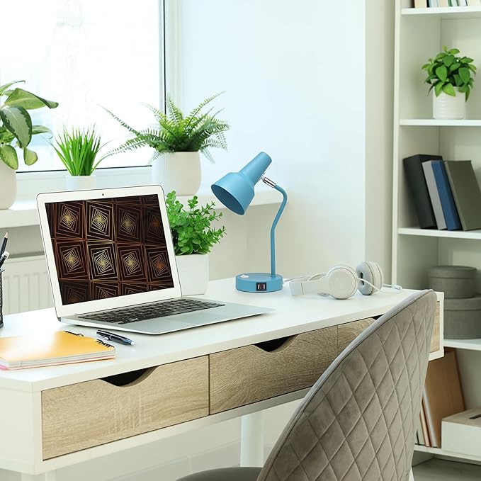 Simple Designs LD1072-CYN 15.2" Sleek Essentials Metal Cone Shade Desk Lamp with Adjustable Shade and Dual USB Ports, for Office, Desk, Nightstand, Dorm, Cyan Blue