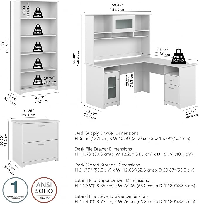 Bush Furniture L Shaped Desk with Hutch, 5 Shelf Bookcase and Lateral File Cabinet | Cabot Collection Corner Computer Table with Storage and Bookshelf | 60Wx23DX37W