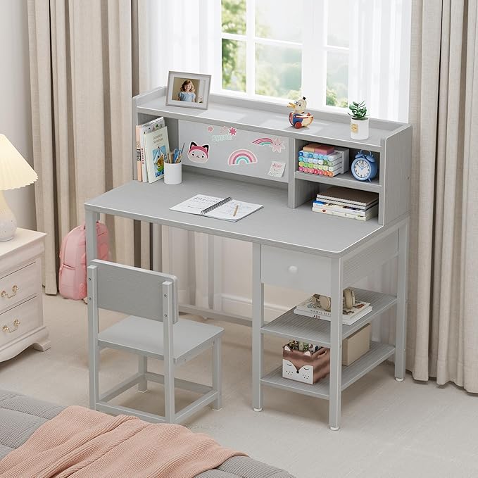 BOLUO Grey Kids Desk and Chair Set for 6-12 Year Old, Children Study Desk with Hutch and Storage Shelf, Student Writing Table with Fabric Drawer for Girls Boys