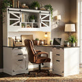 VOWNER 57" Farmhouse L Shaped Desk with Hutch, Executive Desk with Charging Station, Home Office Desk with Sliding Doors and File Cabinet, Wood Corner Computer Desk with Drawers for Home Office, White