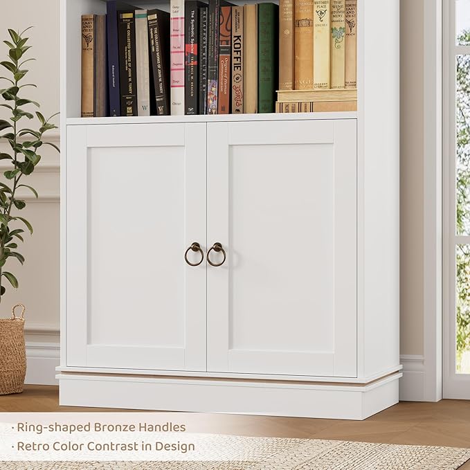 HOSTACK 71" Tall Book Shelf and Bookcase with Doors, 6 Tier Wooden Bookshelf with Storage Cabinet, White Farmhouse Bookshelves and Bookcases, Free Standing Display Shelves for Home Office, Living Room
