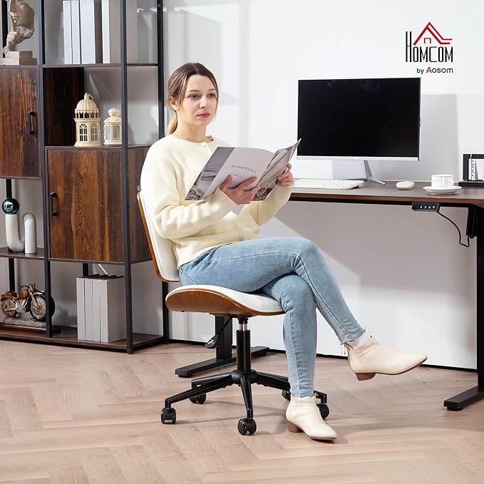 HOMCOM Home Office Chair No Arms with Wheels, PU Leather Mid Back Small Desk Chair with Adjustable Height, 360 Degree Swivel for Office, Reading, Meeting Room, White