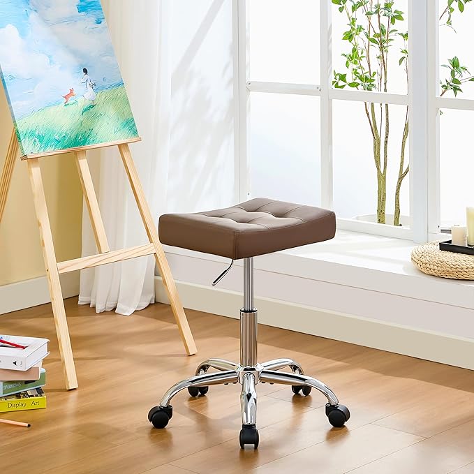 FIRAVOE Vanity Stool with Wheels (Adjustable Height 17-21 inch) (300lbs Capacity) Faux Leather Nail Tattoo Vanity Massage Stool (Coffee Brown)