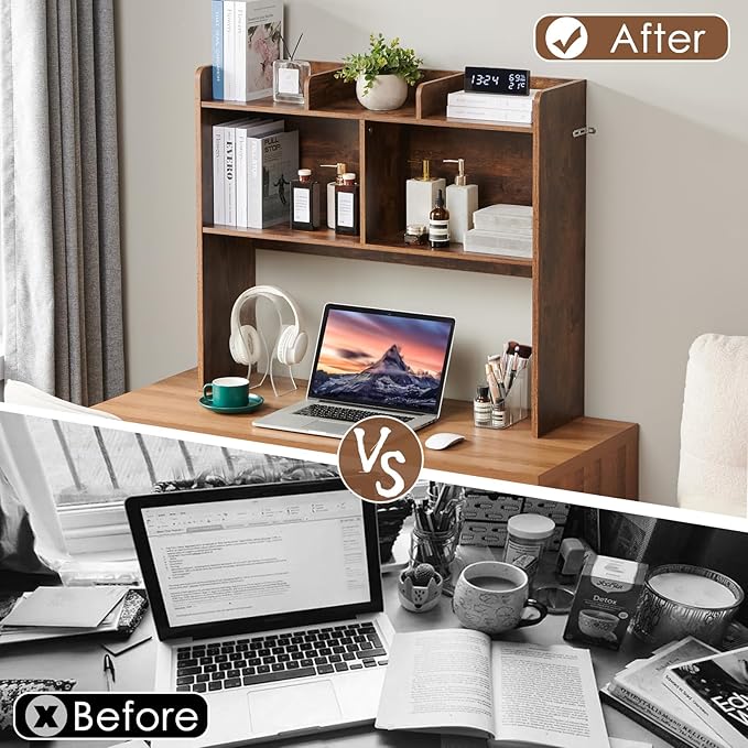 Nromant Desktop Bookshelf, Wooden Desk Storage Hutch with 5 Shelves, 3-Tier Desktop Display Organizer Rack for Office Home (Brown, 5 Shelves B)