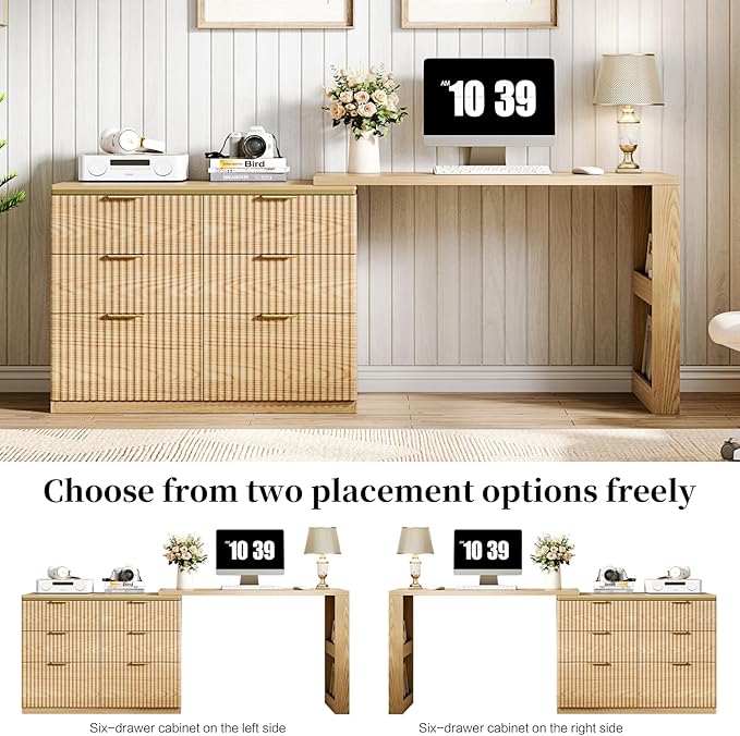 Ieejdn L Shaped Standing Desk,47" Home Office Desks, Executive, Farmhouse Computer Desk with 6 Drawers File Drawer, Rustic Computer Writing, Oak