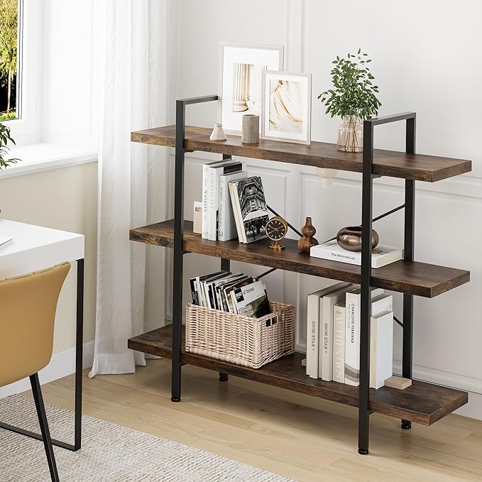 OtterOasis Heavy Duty 3-Tier Industrial Bookcase, 39" Wide Wood Bookshelf for Home Office, 120lbs Shelf Capacity, Rustic Open Shelving Display with Reinforced Horizontal Shelf for Living Room Bedroom