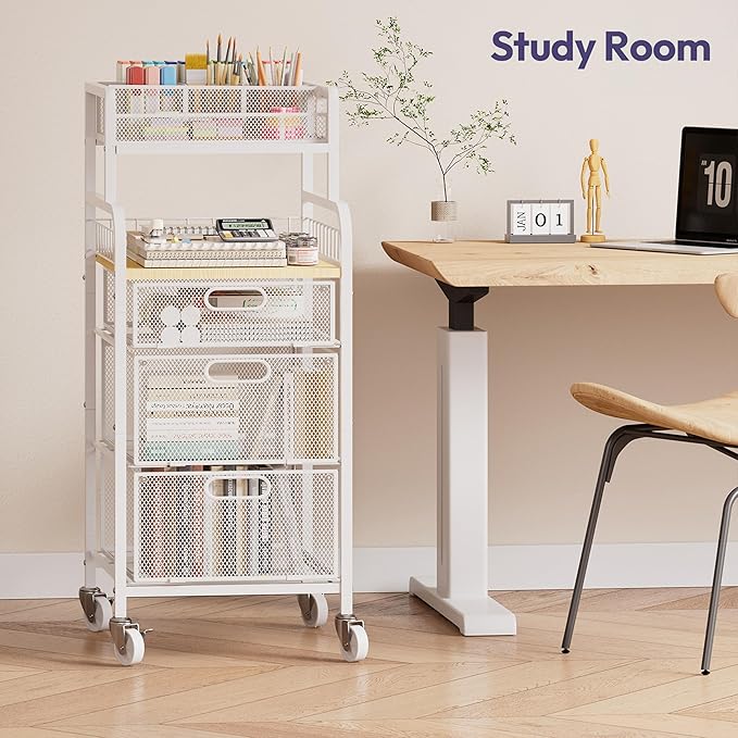 SWTYMIKI Office Rolling Cart with 3 Drawers - Metal Utility Cart with Wood Shelf, DIY Divider and Locking Wheels, Craft & Art Cart Organizer for Under Desk Storage for Home Office Studio, White