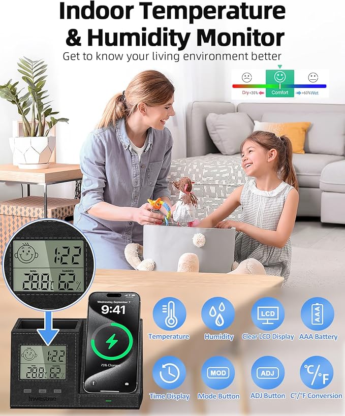 Pen Holder with Desk Organizer, Pencil Holder for Desk, Built in Digital Indoor Thermometer and Humidity Monitor, Multi-Functional Pencil Organizer for Home Office Supplies, Vegan Leather, Black