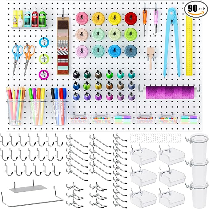 INCLY 90PCS Metal Peg Board Kit with 1/4" Pegboard Accessories, 6 Pack White Peg Board Panels, Bins, Cups and Peg Board Hooks, Paper Towel Holder,Pegboard Wall Organizer for Craft Room, Office, Sewing