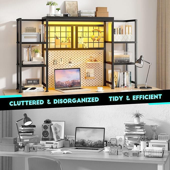 REIBII Desk Shelf with LED Light Strip,Adjustable 45.1" Desk Hutch Dorm with 5 Tier Display Shelf Rack,Desktop Bookshelf with Grid Panel & Hooks for Home, Office and Dorm, Black
