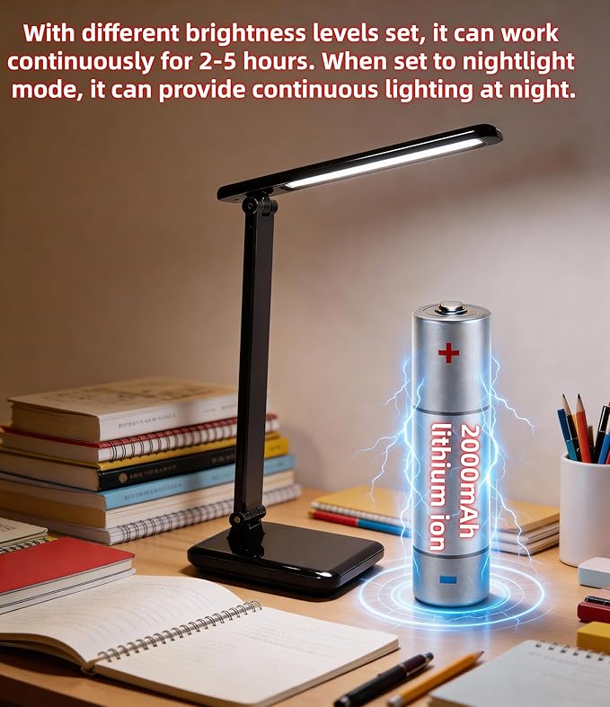 Battery lamp, Battery Operated Desk lamp, Rechargeable Desk lamp, Battery Operated lamp Black, Lithium Battery 2000MAH,Battery Powered Desk lamp，Battery Powered Work Light Study Table lamp