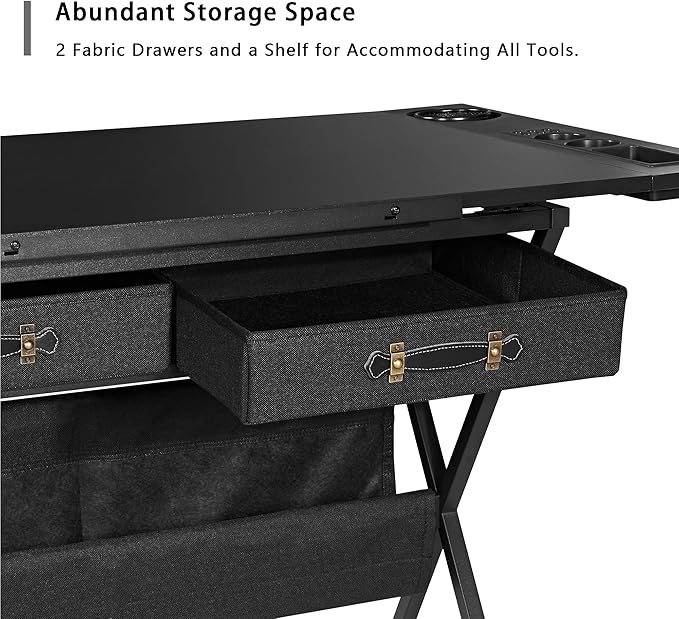 VECELO Drafting Table Art Desk Art Table Adjustable Drawing Table Tilted Tabletop with 2 Storage Drawers and Stool, Drawing Desk for Artist Painters Drawing, Crafting, Reading, Writing, Black