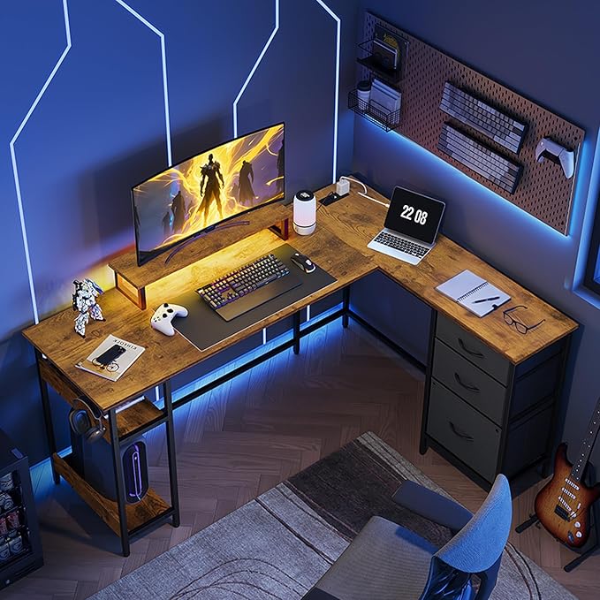 DEVAISE L Shaped Gaming Desk with Drawers and Storage, L Shaped Desk with LED Lights, Power Outlets, PC Desk with Monitor Stand, Corner Desk for Home Office (Rustic Brown, 60 Inch)
