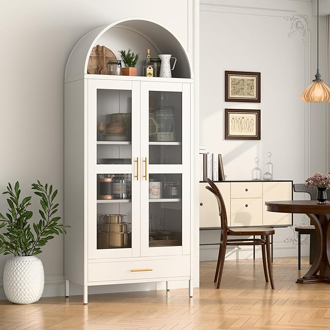 VEXPOR 73" Tall Arched Display Cabinet with Glass Doors, Metal Arched Curio Cabinet with Drawer for Living Room, Home Office, Assembly Required, White