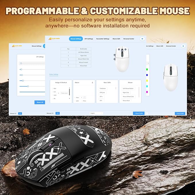 MAMBASNAKE ATTACK SHARK G3 Wireless Gaming Mouse with Tri Mode Wired/2.4Ghz/BT,59g Ultra-Lightweight,25000 DPI,1000 Polling,PixArt PAW3311 Sensor,500mAh Battery,Programmable for PC Win Mac(Black+Tape)