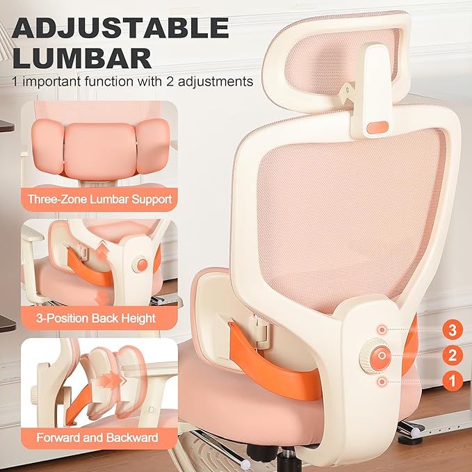Ergonomic Office Chair with Footrest, Mesh Desk Chair with Adjustable Headrest & Armrests & Dynamic Floating Wing Lumbar Support, High Back Computer Chair for Home Office, BIFMA Certified, Pink