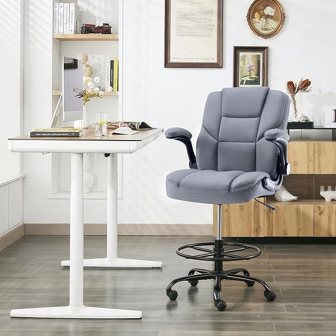 Drafting Chair 500Lbs, Tall Office Chair for Standing Desk, High PU Leather Executive Office Chair with Flip-up Armrests, Ergonomic High Chair with Adjustable Foot Ring, Comfy Stool Chairs, Grey