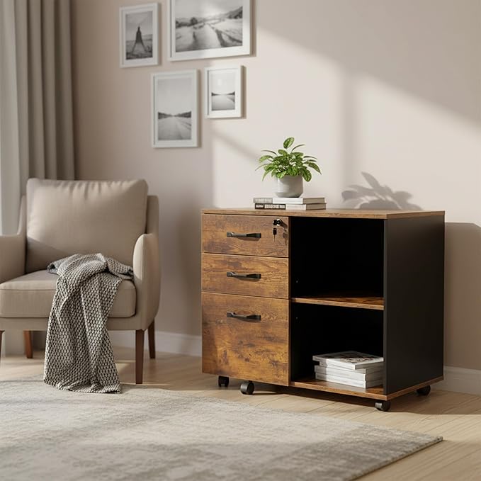 Relaxdays Mobile Filing Cabinet with 3 Drawers, 2 Shelves, Lockable, 4 Wheels, Office Storage, Brown/Black, 66x80x40 cm