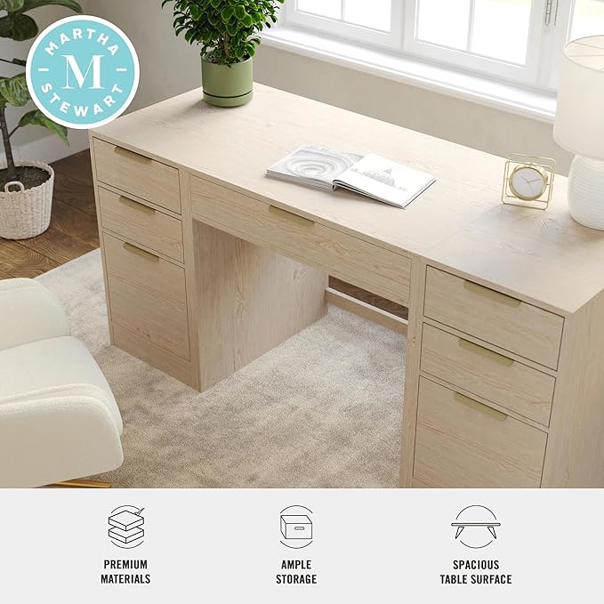 Martha Stewart Kayden Home Office Modular Desk with Drawer and Dual 3 Drawer File Cabinets in Light Natural with Brushed Gold Hardware