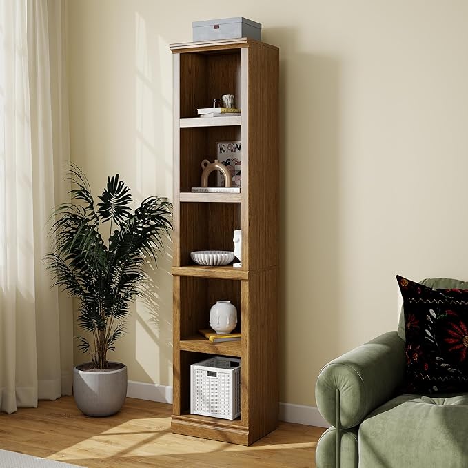 Bevfint 70" Tall Bookcase, Oak Narrow Floor Standing Bookshelf, 5 Tier Shelves Open Storage Organizer, Book Case for Living Room Hallway Kitchen Home Office Bathroom, Vintage Oak- 5 Tier