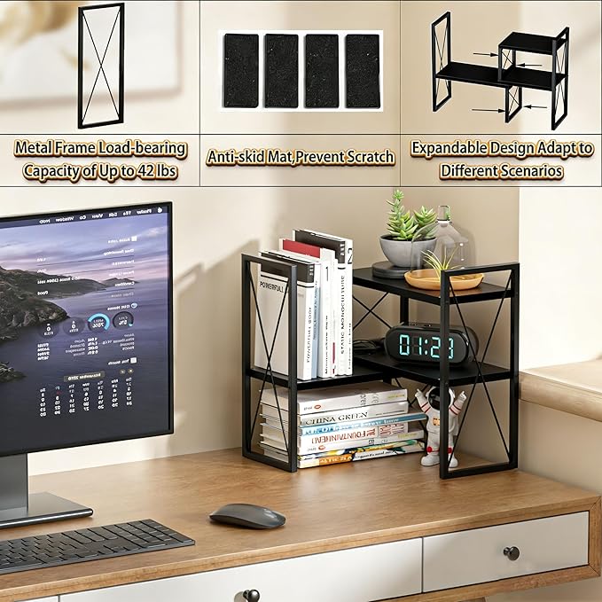 Desktop Shelf Organizer, Small Bookshelf for Office, Wood Shelves, Office Organization and Storage (Black)